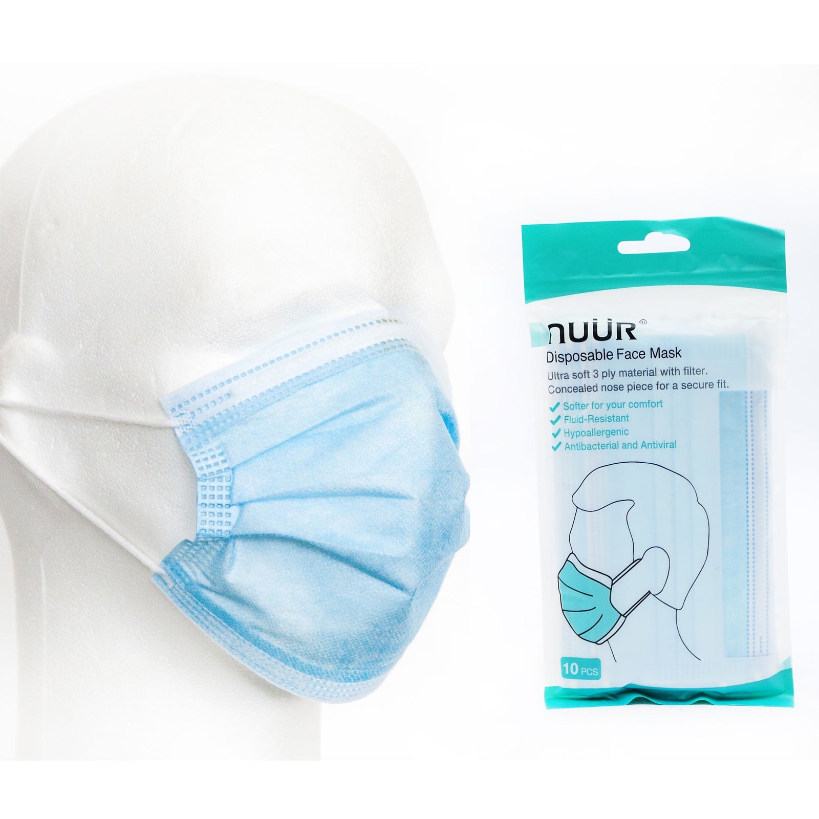 Nuur Face Mask Disposable 3Ply - 10Pk