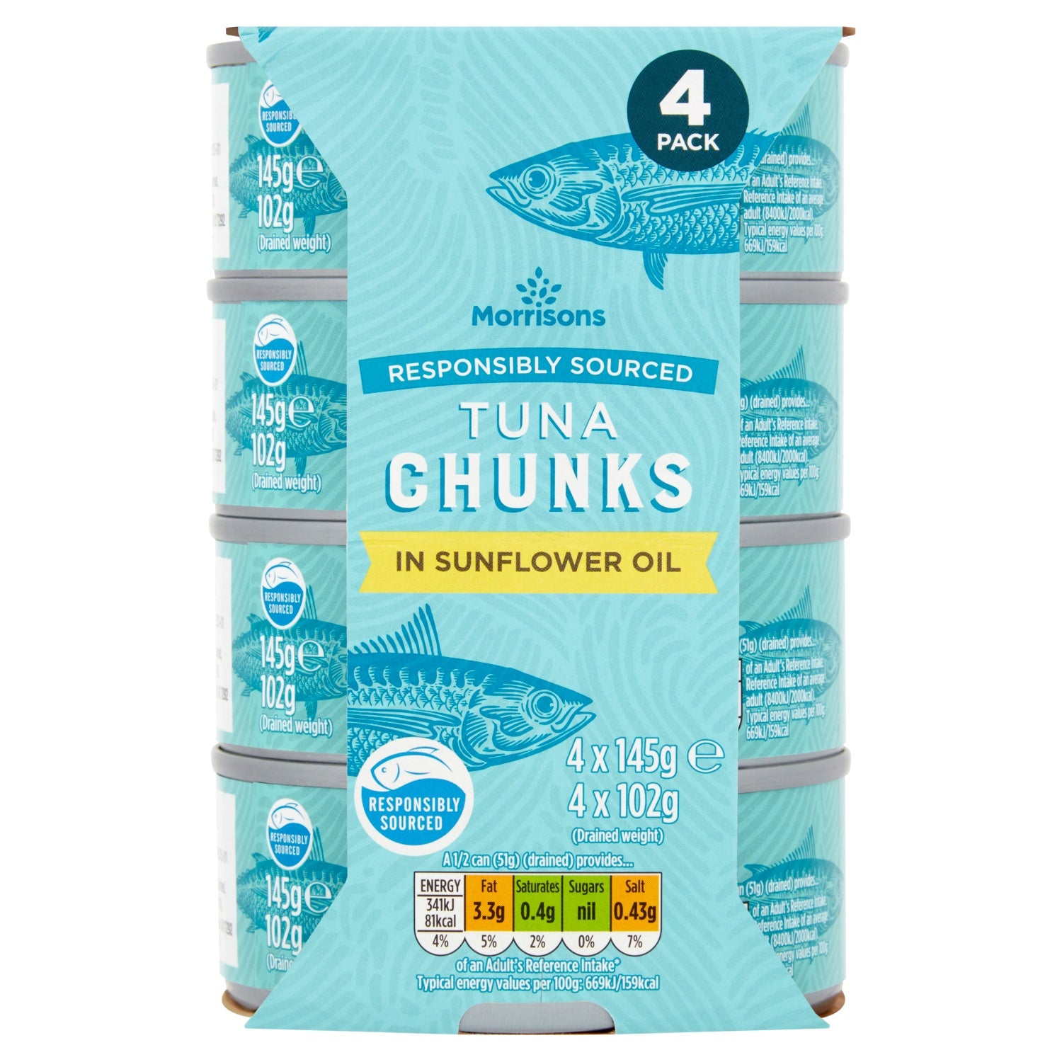 Morrisons Fad Free Tuna Chunks In Sunflower Oil 4 x 145g