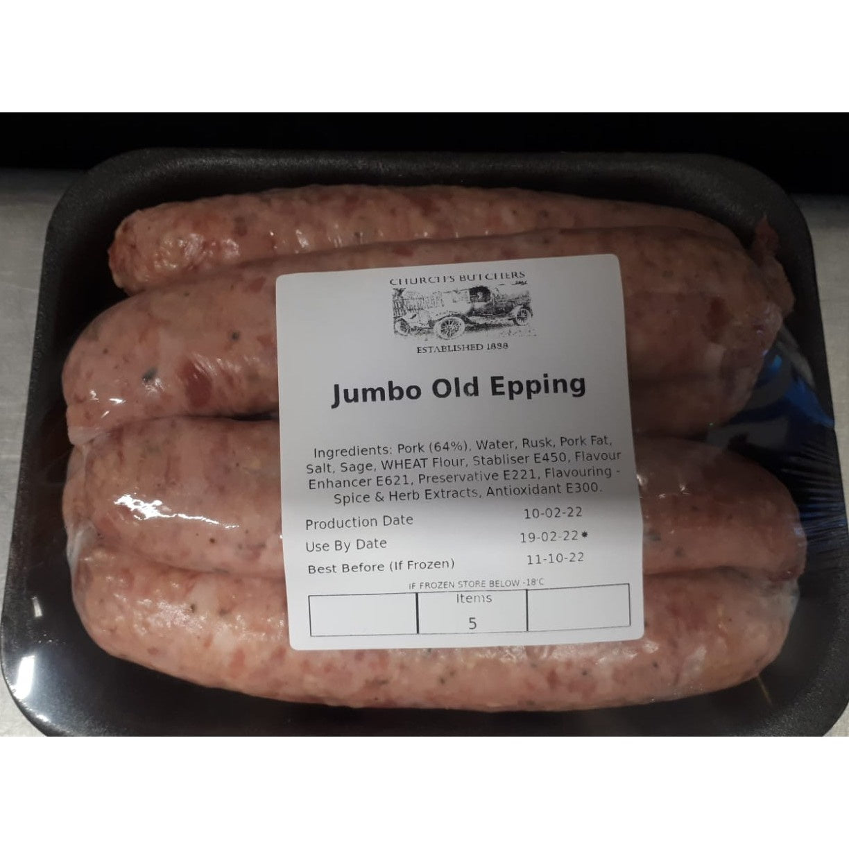 Butchers Churches Jumbo Old Epping Pork Sausages 5 Pack